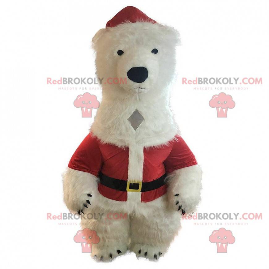 Inflatable white teddy bear mascot, dressed as Santa Claus -