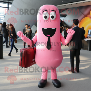 Pink Hot Dogs mascot costume character dressed with a Suit Jacket and Messenger bags
