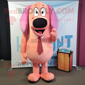 Pink Hot Dogs mascot costume character dressed with a Suit Jacket and Messenger bags