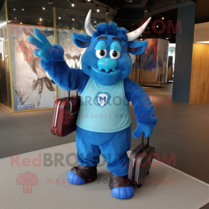 Blue Minotaur mascot costume character dressed with a Polo Tee and Messenger bags