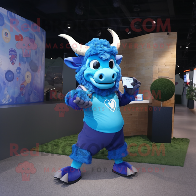 Blue Minotaur mascot costume character dressed with a Polo Tee and Messenger bags Blue Minotaur mascot costume character dressed with a Polo Tee and Messenger bags