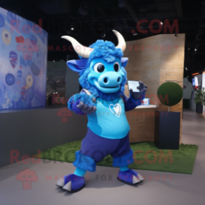 Blue Minotaur mascot costume character dressed with a Polo Tee and Messenger bags