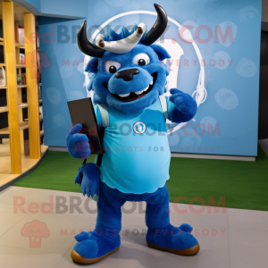 Blue Minotaur mascot costume character dressed with a Polo Tee and Messenger bags