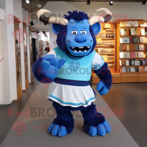 Blue Minotaur mascot costume character dressed with a Polo Tee and Messenger bags