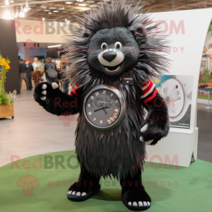 Black Porcupine mascot costume character dressed with a Boyfriend Jeans and Bracelet watches