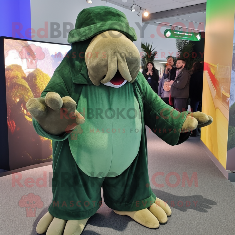 Forest Green Walrus mascot costume character dressed with a Coat and Gloves