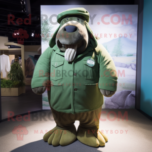 Forest Green Walrus mascot costume character dressed with a Coat and Gloves