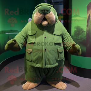 Forest Green Walrus mascot costume character dressed with a Coat and Gloves