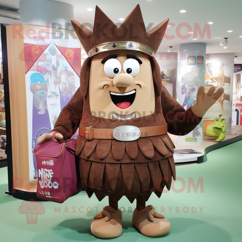 Brown Queen mascot costume character dressed with a Bermuda Shorts and Clutch bags Brown Queen mascot costume character dressed with a Bermuda Shorts and Clutch bags