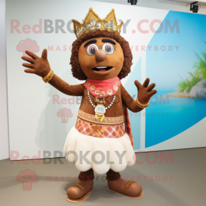 Brown Queen mascot costume character dressed with a Bermuda Shorts and Clutch bags