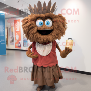 Brown Queen mascot costume character dressed with a Bermuda Shorts and Clutch bags