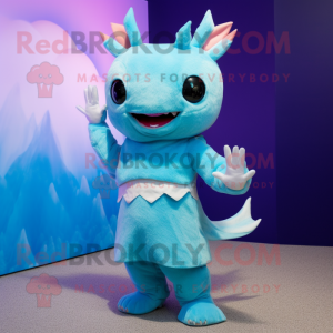 Blue Axolotls mascot costume character dressed with a A-Line Skirt and Mittens