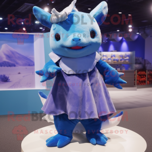 Blue Axolotls mascot costume character dressed with a A-Line Skirt and Mittens
