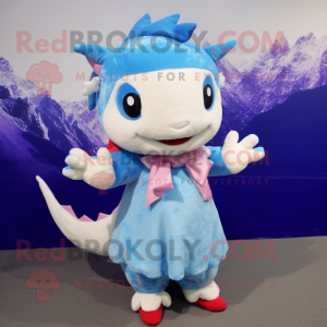 Blue Axolotls mascot costume character dressed with a A-Line Skirt and Mittens