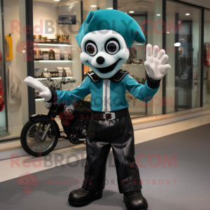 Teal Mime mascot costume character dressed with a Biker Jacket and Clutch bags