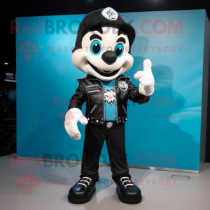 Teal Mime mascot costume character dressed with a Biker Jacket and Clutch bags