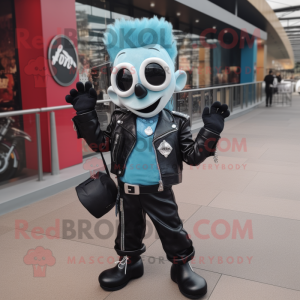 Teal Mime mascot costume character dressed with a Biker Jacket and Clutch bags