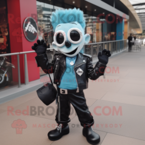 Teal Mime mascot costume character dressed with a Biker Jacket and Clutch bags