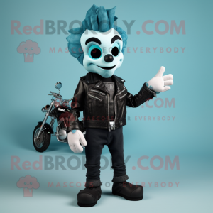 Teal Mime mascot costume character dressed with a Biker Jacket and Clutch bags