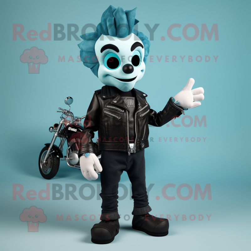 Teal Mime mascot costume character dressed with a Biker Jacket and Clutch bags Teal Mime mascot costume character dressed with a Biker Jacket and Clutch bags