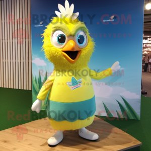 Lemon Yellow Peacock mascot costume character dressed with a Board Shorts and Hair clips