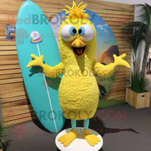 Lemon Yellow Peacock mascot costume character dressed with a Board Shorts and Hair clips