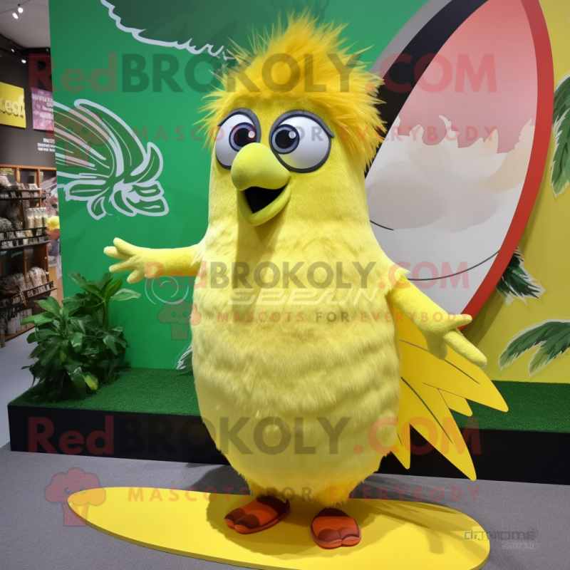 Lemon Yellow Peacock mascot costume character dressed with a Board Shorts and Hair clips