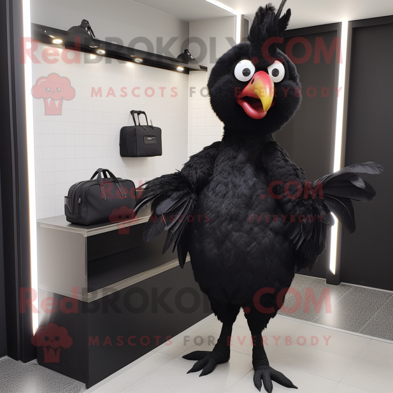 Black Chicken mascot costume character dressed with a Wrap Dress and Wallets Black Chicken mascot costume character dressed with a Wrap Dress and Wallets