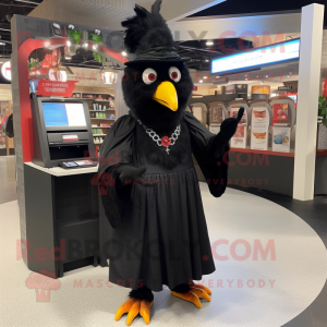 Black Chicken mascot costume character dressed with a Wrap Dress and Wallets