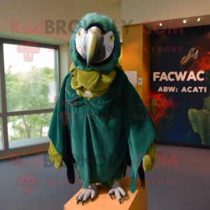 Forest Green Macaw mascot costume character dressed with a Sweatshirt and Shawl pins