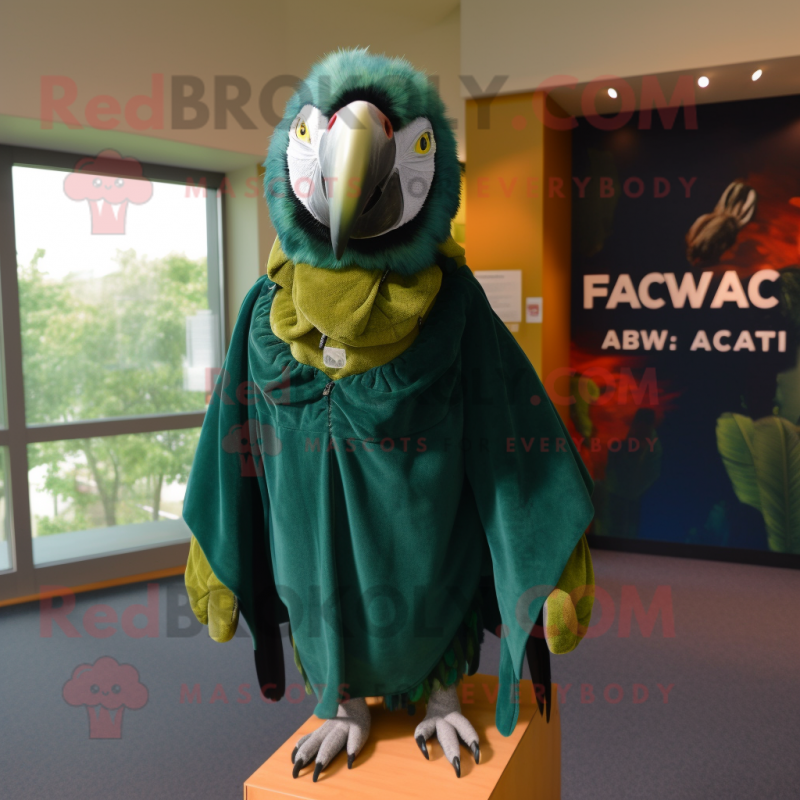 Forest Green Macaw mascot costume character dressed with a Sweatshirt and Shawl pins Forest Green Macaw mascot costume character dressed with a Sweatshirt and Shawl pins