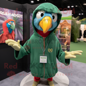 Forest Green Macaw mascot costume character dressed with a Sweatshirt and Shawl pins
