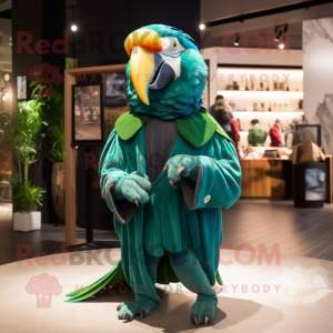 Forest Green Macaw mascot costume character dressed with a Sweatshirt and Shawl pins