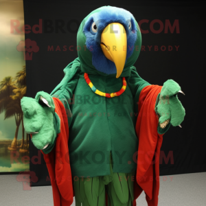 Forest Green Macaw mascot costume character dressed with a Sweatshirt and Shawl pins