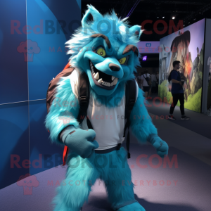 Cyan Werewolf mascot costume character dressed with a Playsuit and Backpacks