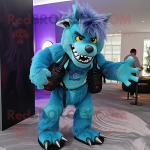 Cyan Werewolf maskot drakt...