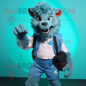 Cyan Werewolf mascot costume character dressed with a Playsuit and Backpacks