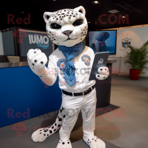 White Jaguar mascot costume character dressed with a Jeans and Pocket squares