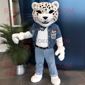 White Jaguar mascot costume character dressed with a Jeans and Pocket squares