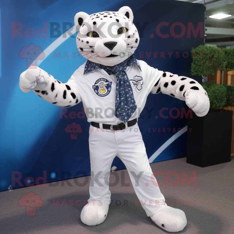 White Jaguar mascot costume character dressed with a Jeans and Pocket squares