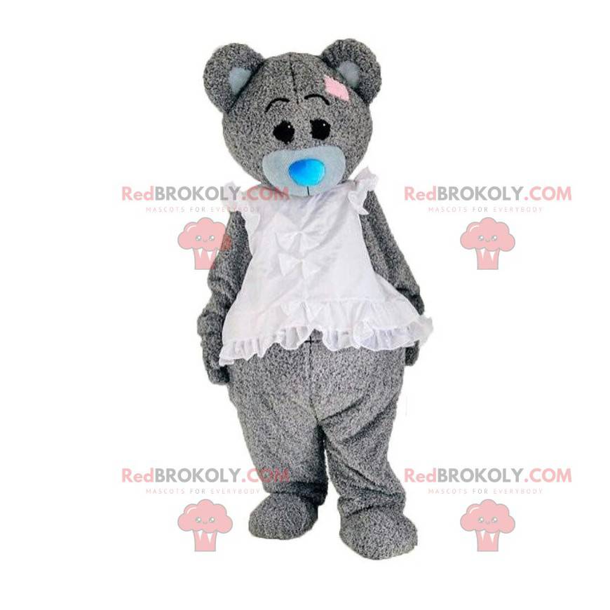 Fato de ursinho de pelúcia com vestido branco, urso elegante -