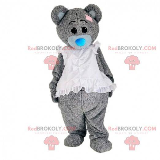 Fato de ursinho de pelúcia com vestido branco, urso elegante -