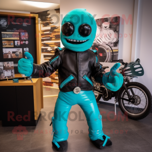 Turquoise Contortionist mascot costume character dressed with a Biker Jacket and Gloves