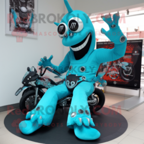 Turquoise Contortionist mascot costume character dressed with a Biker Jacket and Gloves