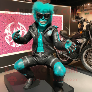 Turquoise Contortionist mascot costume character dressed with a Biker Jacket and Gloves
