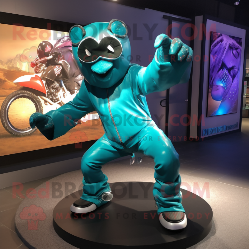 Turquoise Contortionist mascot costume character dressed with a Biker Jacket and Gloves Turquoise Contortionist mascot costume character dressed with a Biker Jacket and Gloves