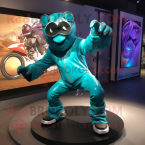 Turquoise Contortionist mascot costume character dressed with a Biker Jacket and Gloves