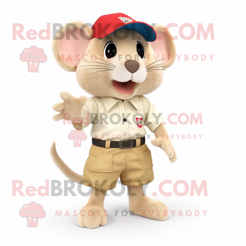 Beige Dormouse mascot costume character dressed with a Bermuda Shorts and Caps