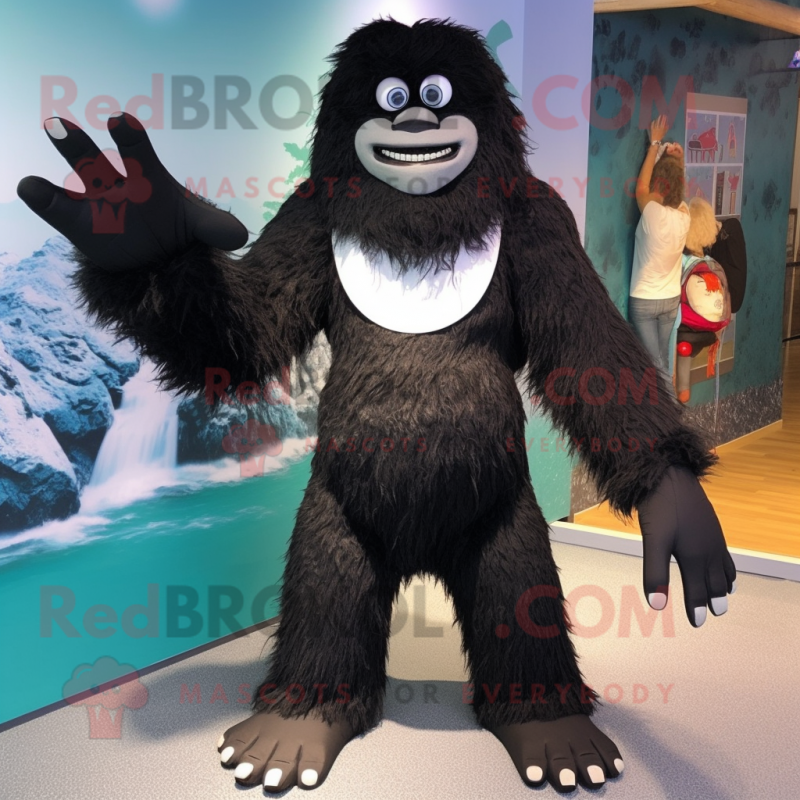 Black Yeti mascot costume character dressed with a One-Piece Swimsuit and Shoe clips Black Yeti mascot costume character dressed with a One-Piece Swimsuit and Shoe clips