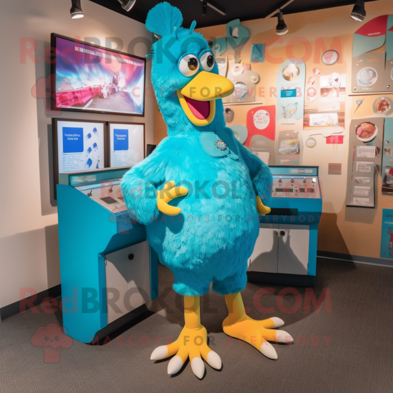 Turquoise Chicken mascot costume character dressed with a Mom Jeans and Coin purses Turquoise Chicken mascot costume character dressed with a Mom Jeans and Coin purses